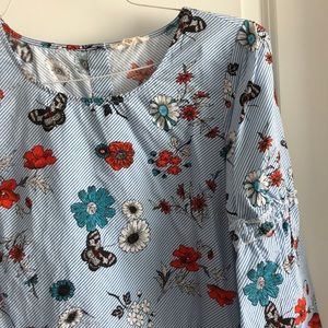 Seersucker and floral bell sleeved blouse